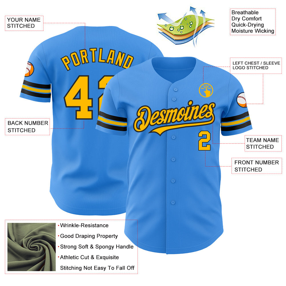 Custom Electric Blue Gold-Black Authentic Baseball Jersey - Sky-Custom