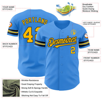 Custom Electric Blue Gold-Black Authentic Baseball Jersey - Sky-Custom