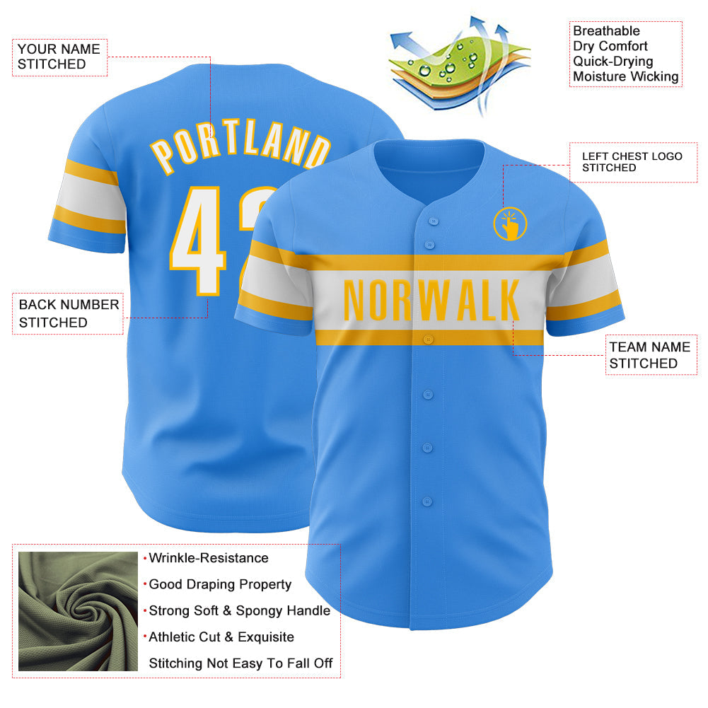 Custom Electric Blue White-Gold Authentic Baseball Jersey - Sky-Custom
