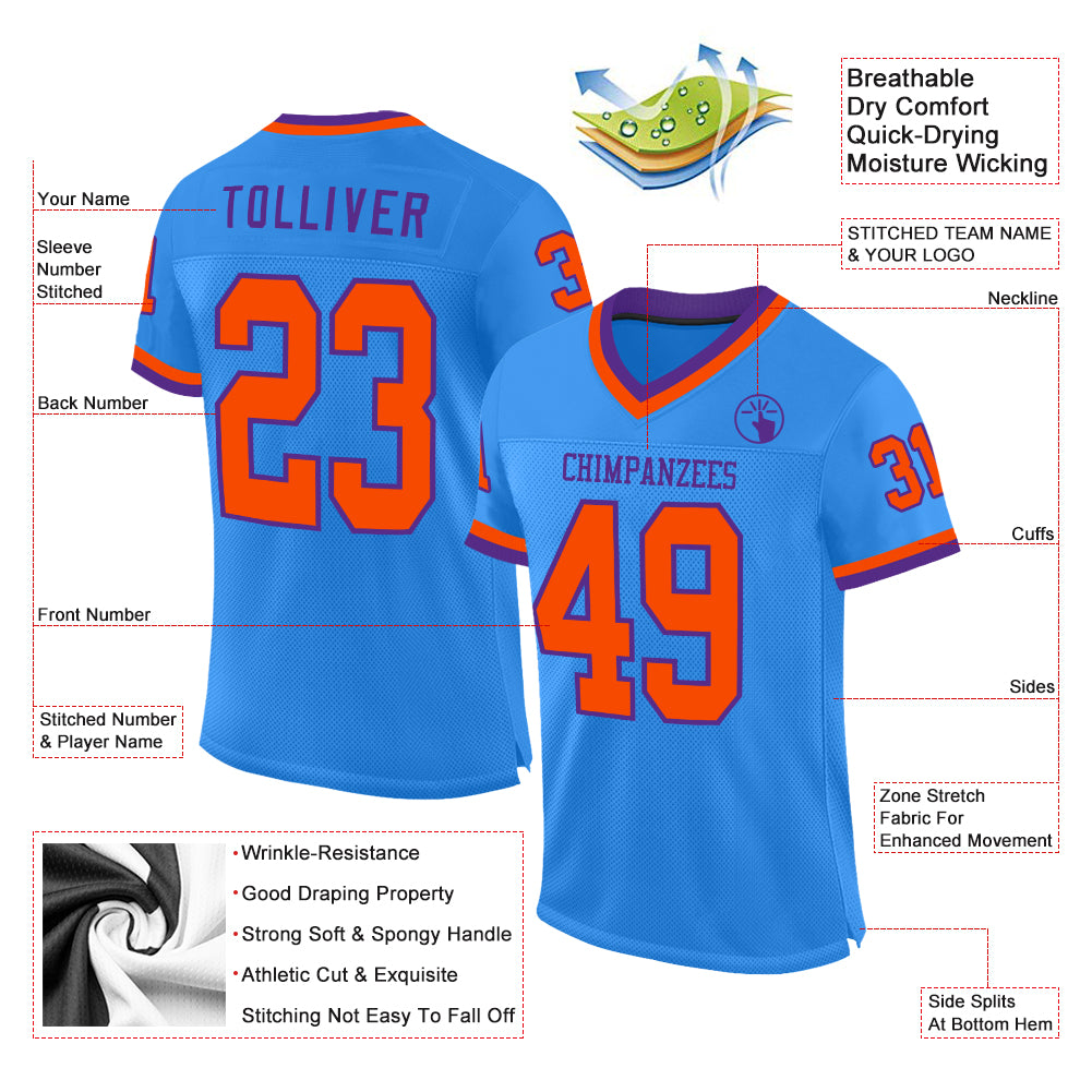 Custom Powder Blue Orange-Purple Mesh Authentic Throwback Football Jersey - Sky-Custom