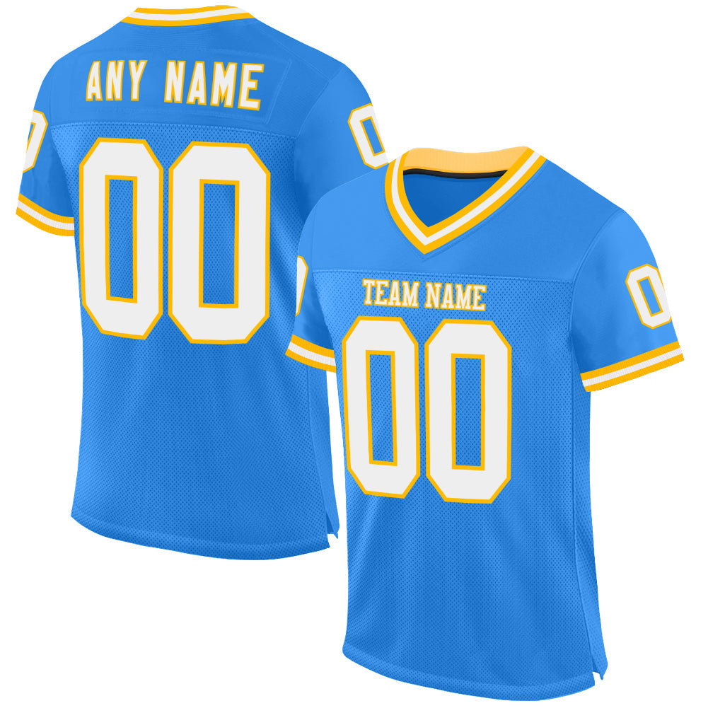 Custom Powder Blue White-Gold Mesh Authentic Throwback Football Jersey - Sky-Custom