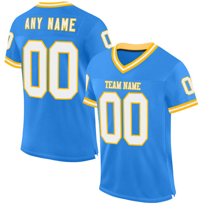 Custom Powder Blue White-Gold Mesh Authentic Throwback Football Jersey - Sky-Custom
