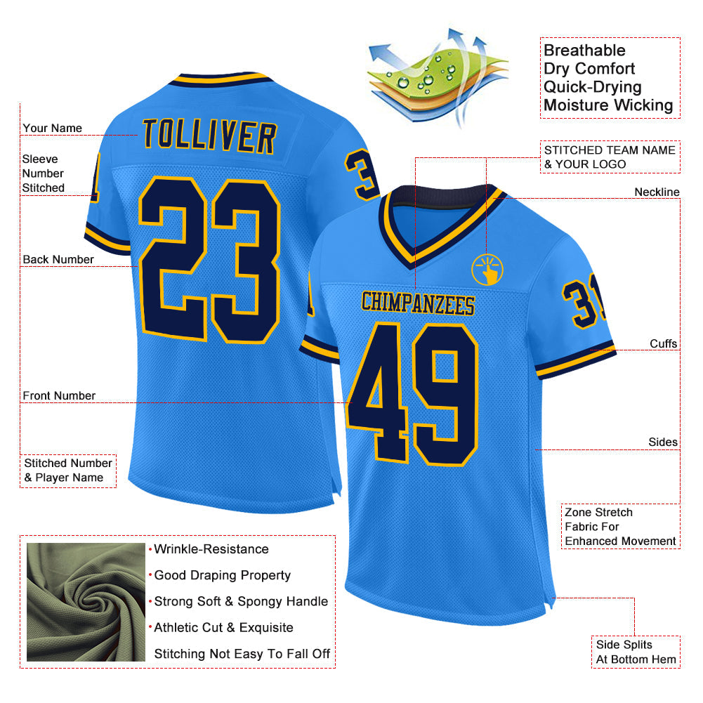 Custom Powder Blue Navy-Gold Mesh Authentic Throwback Football Jersey - Sky-Custom