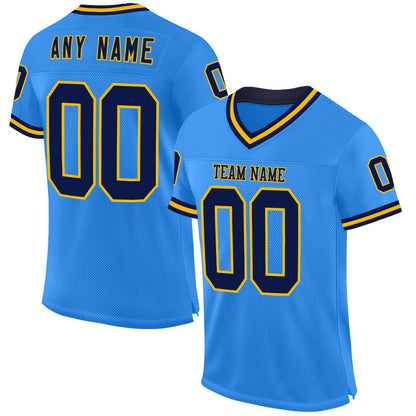 Custom Powder Blue Navy-Gold Mesh Authentic Throwback Football Jersey - Sky-Custom