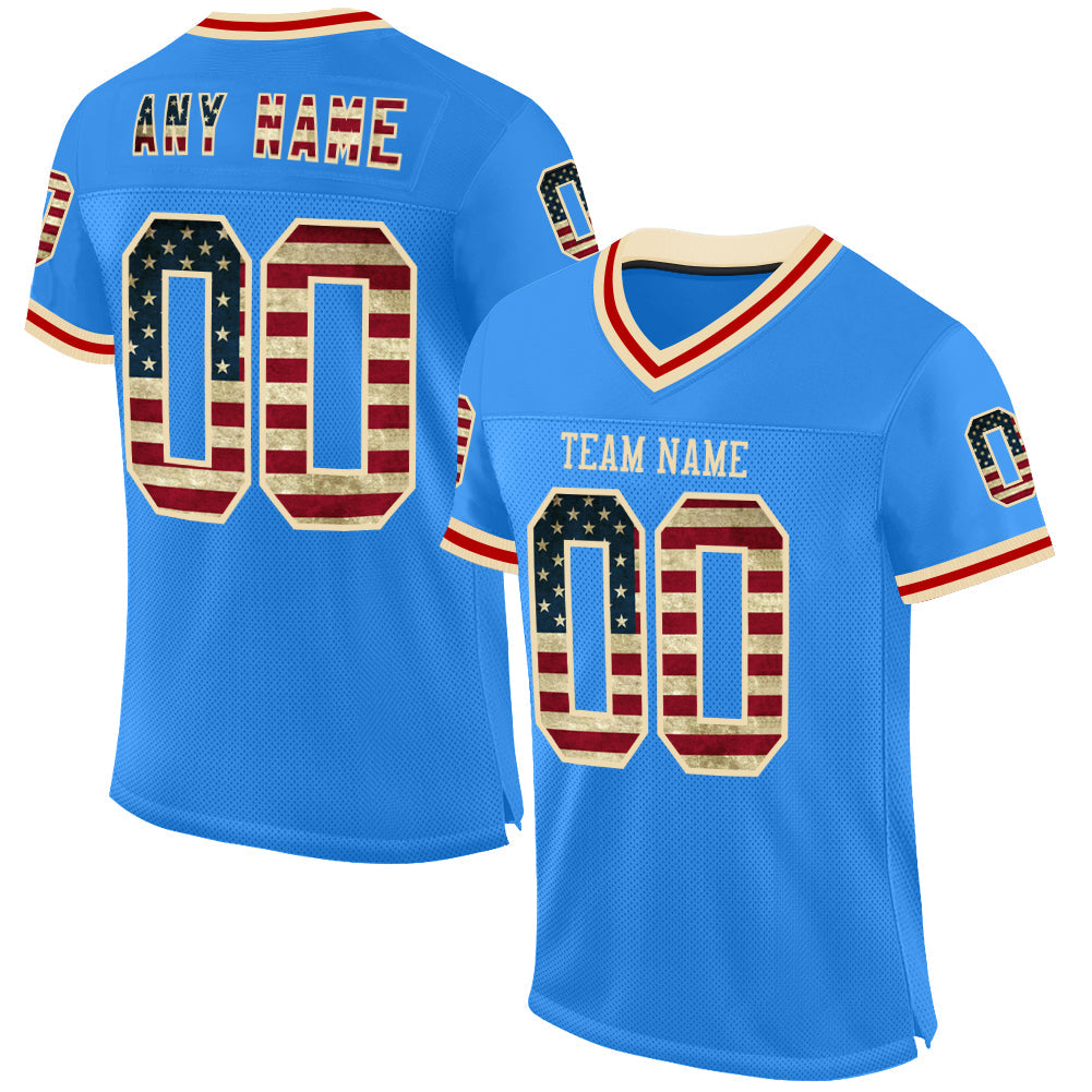 Custom Powder Blue Vintage USA Flag Cream-Red Mesh Authentic Throwback Football Jersey - Sky-Custom