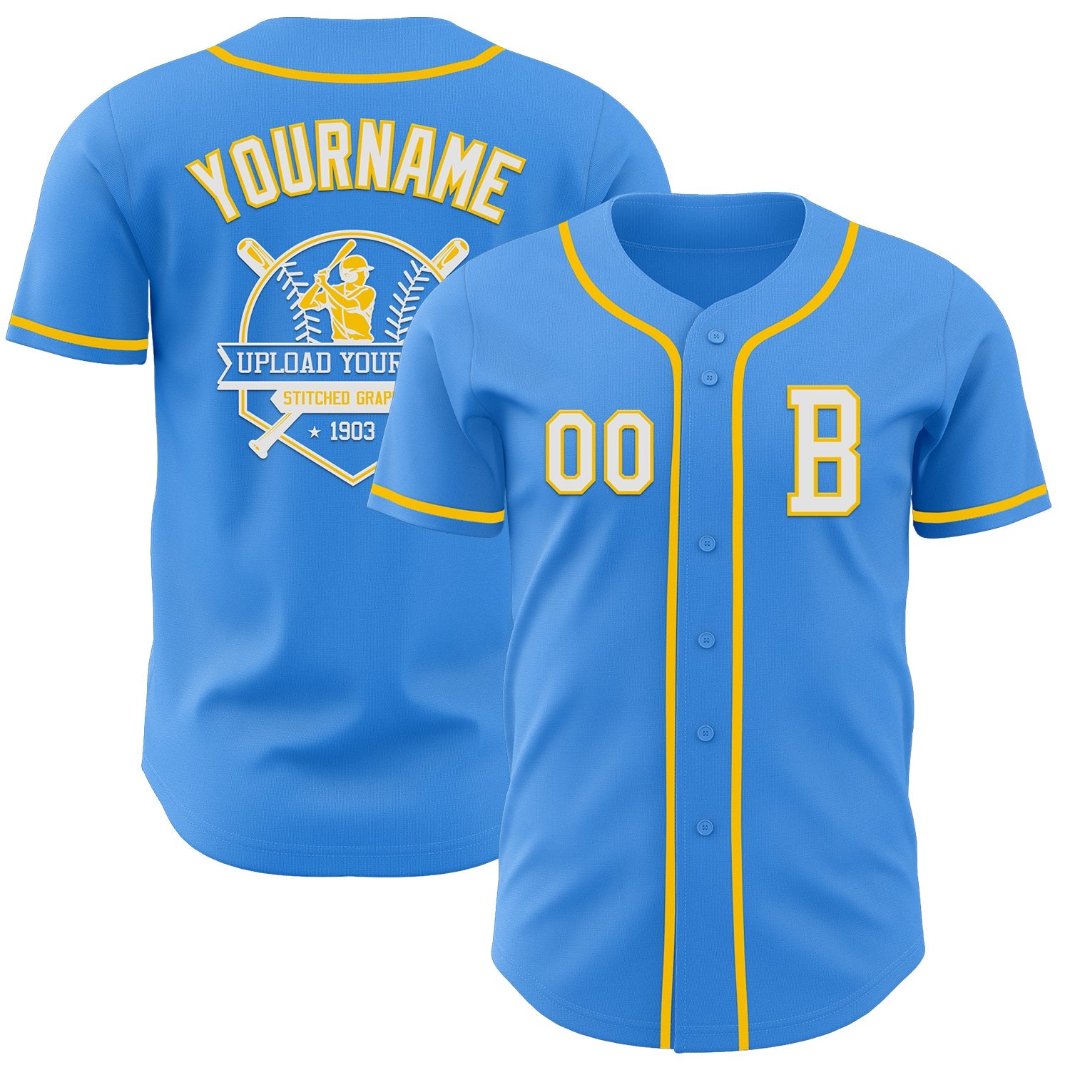Custom Electric Blue White-Yellow Authentic Baseball Jersey - Sky-Custom