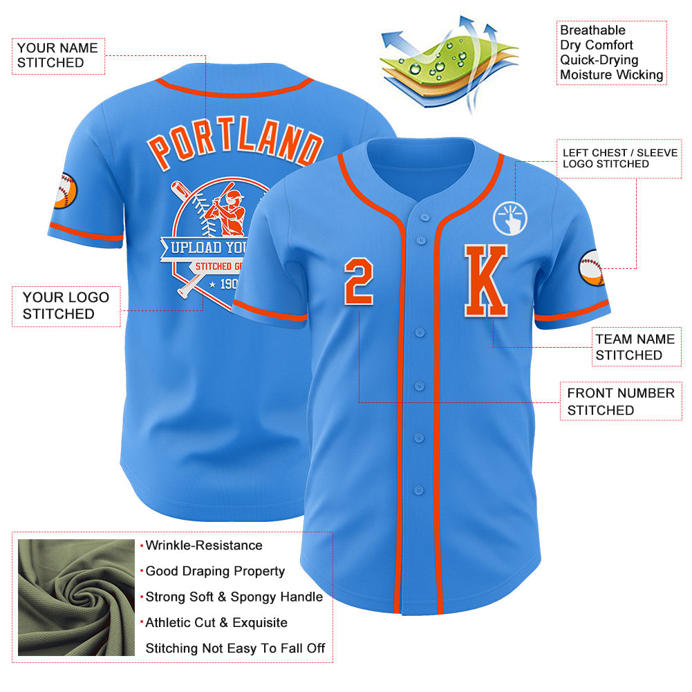 Custom Electric Blue Orange-White Authentic Baseball Jersey - Sky-Custom