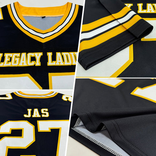 Custom Black White-Gold Mesh Authentic Football Jersey - Sky-Custom