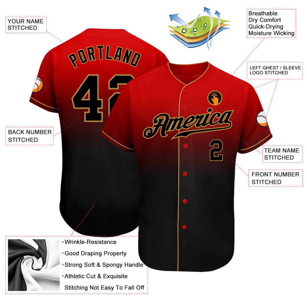 Custom Red Black-Old Gold Authentic Fade Fashion Baseball Jersey - Sky-Custom