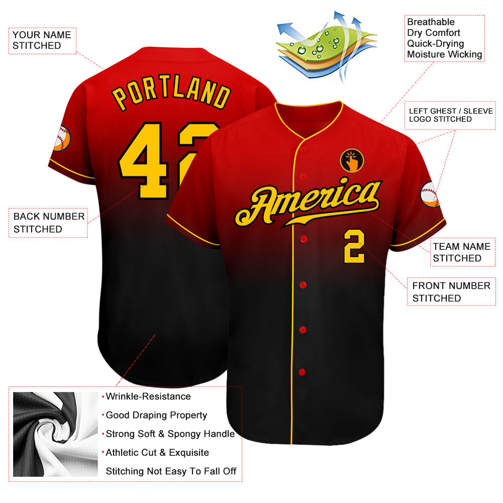 Custom Red Gold-Black Authentic Fade Fashion Baseball Jersey - Sky-Custom