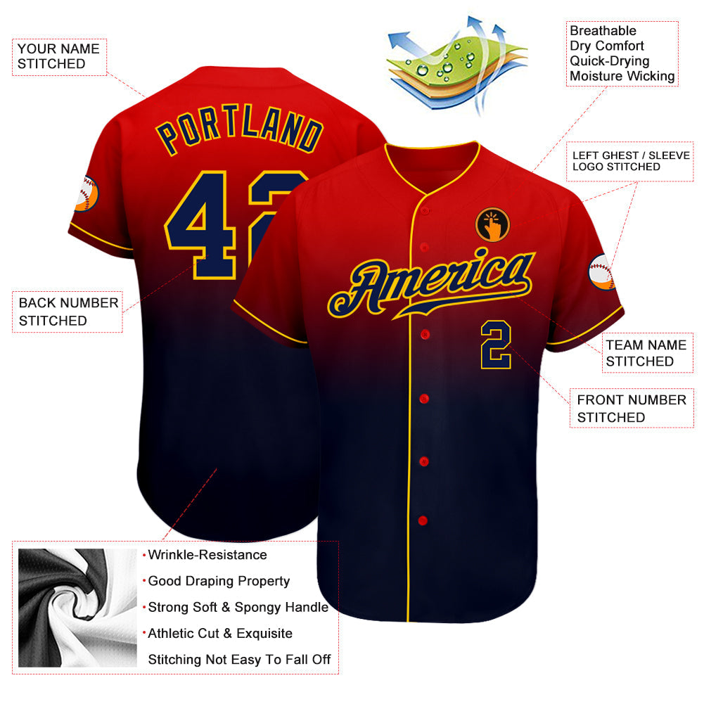 Custom Red Navy-Gold Authentic Fade Fashion Baseball Jersey - Sky-Custom