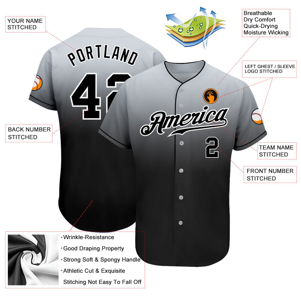 Custom Gray Black-White Authentic Fade Fashion Baseball Jersey - Sky-Custom