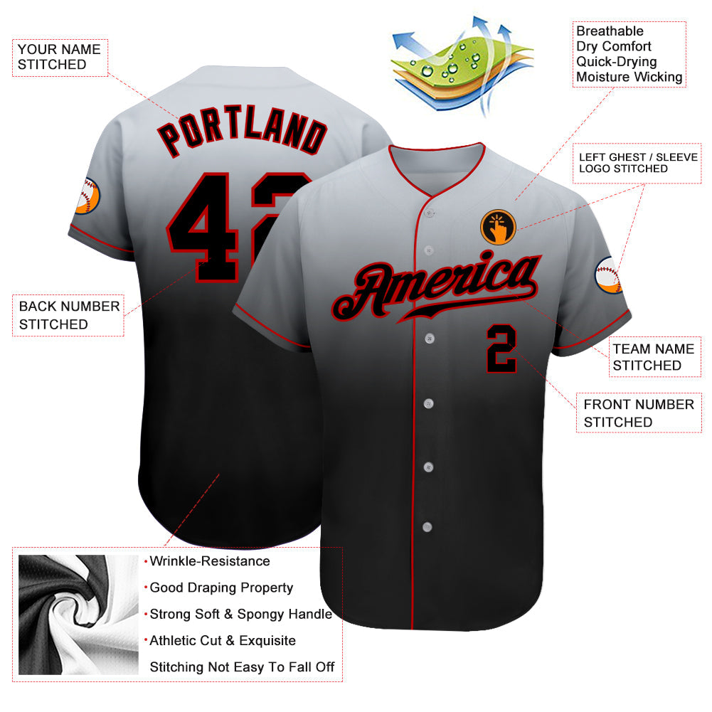 Custom Gray Black-Red Authentic Fade Fashion Baseball Jersey - Sky-Custom
