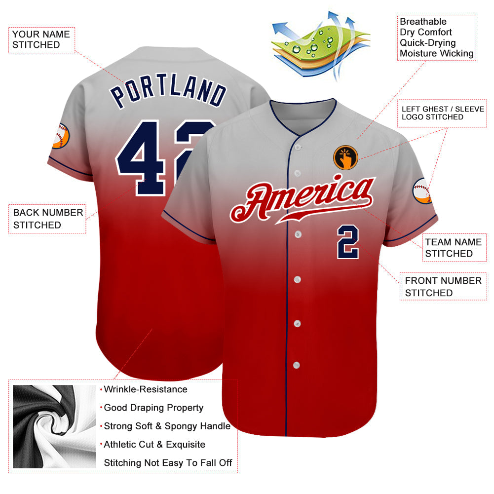 Custom Gray Navy-Red Authentic Fade Fashion Baseball Jersey - Sky-Custom