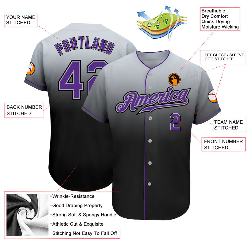Custom Gray Purple-Black Authentic Fade Fashion Baseball Jersey - Sky-Custom