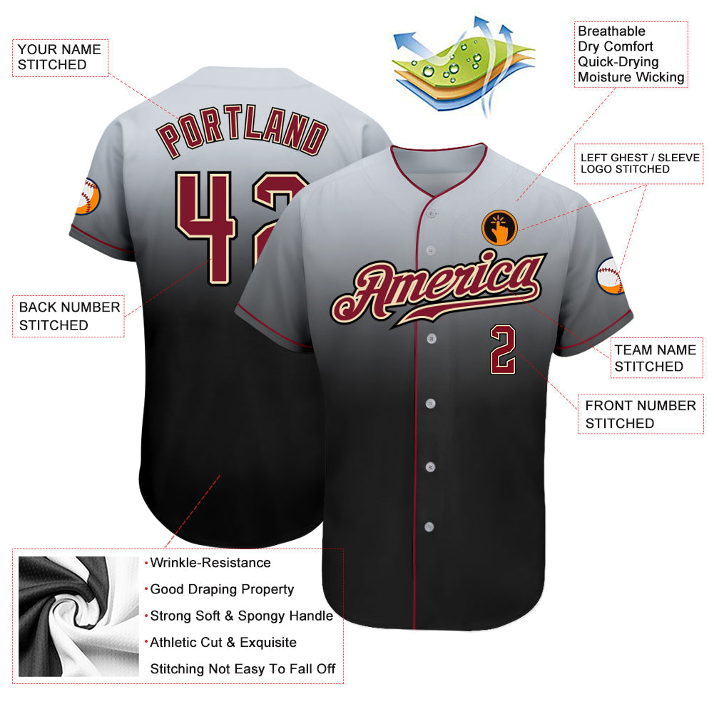 Custom Gray Crimson-Black Authentic Fade Fashion Baseball Jersey - Sky-Custom