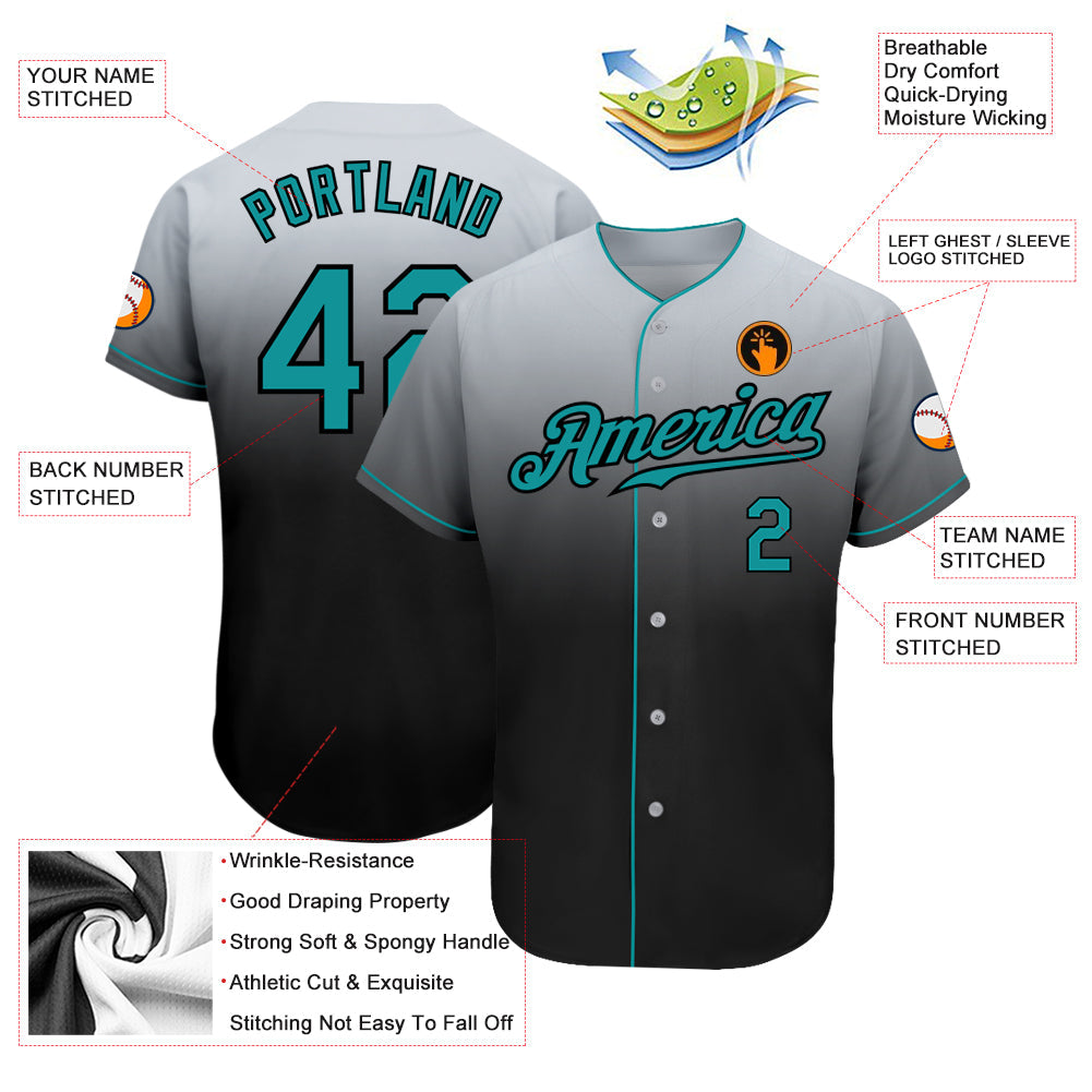 Custom Gray Teal-Black Authentic Fade Fashion Baseball Jersey - Sky-Custom