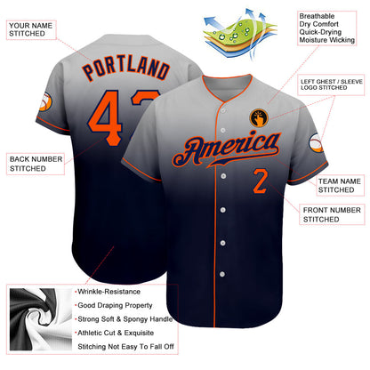 Custom Gray Orange-Navy Authentic Fade Fashion Baseball Jersey - Sky-Custom
