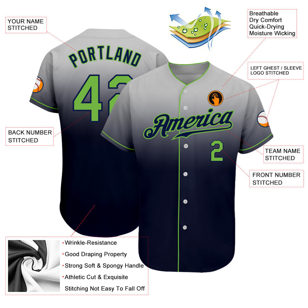 Custom Gray Neon Green-Navy Authentic Fade Fashion Baseball Jersey - Sky-Custom