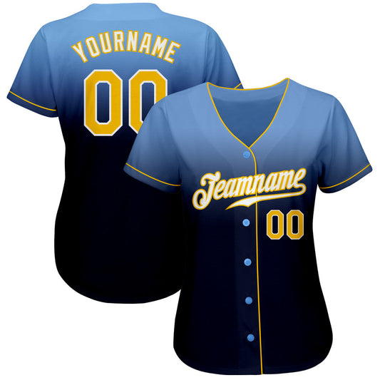 Custom Light Blue Gold-Navy Authentic Fade Fashion Baseball Jersey - Sky-Custom