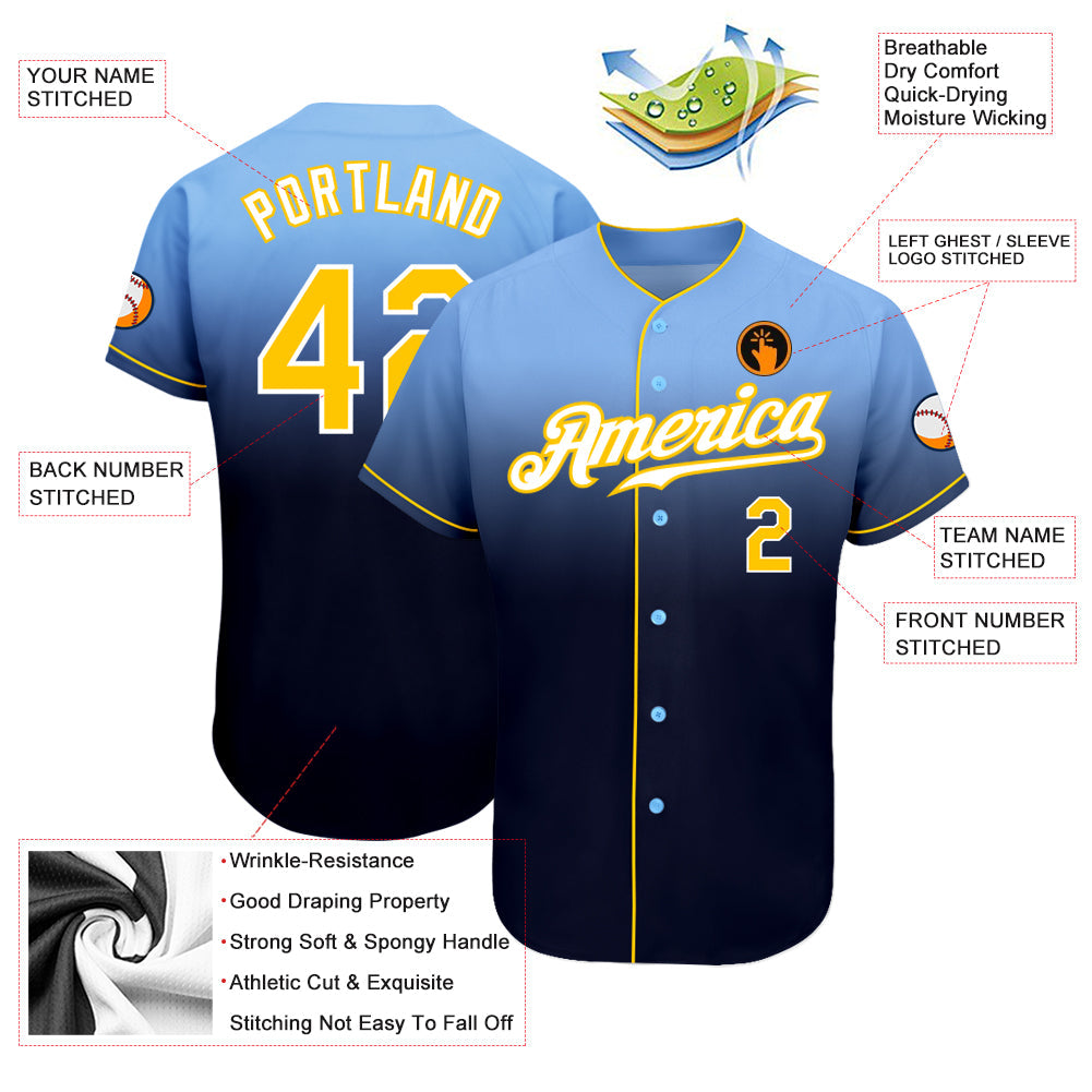 Custom Light Blue Gold-Navy Authentic Fade Fashion Baseball Jersey - Sky-Custom