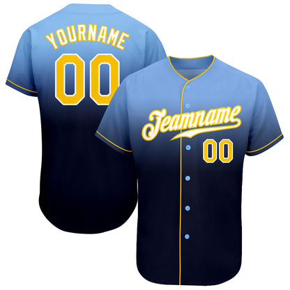 Custom Light Blue Gold-Navy Authentic Fade Fashion Baseball Jersey - Sky-Custom