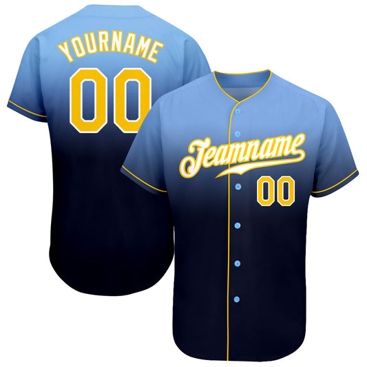 Custom Light Blue Gold-Navy Authentic Fade Fashion Baseball Jersey - Sky-Custom