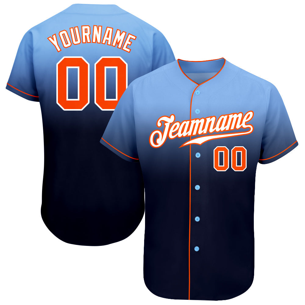 Custom Light Blue Orange-Navy Authentic Fade Fashion Baseball Jersey - Sky-Custom