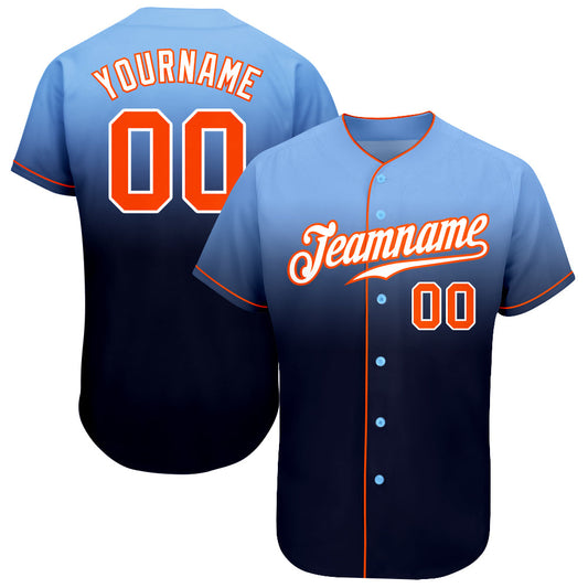 Custom Light Blue Orange-Navy Authentic Fade Fashion Baseball Jersey - Sky-Custom