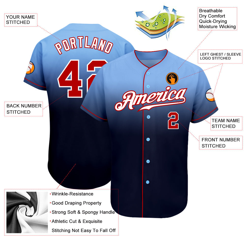 Custom Light Blue Red-Navy Authentic Fade Fashion Baseball Jersey - Sky-Custom