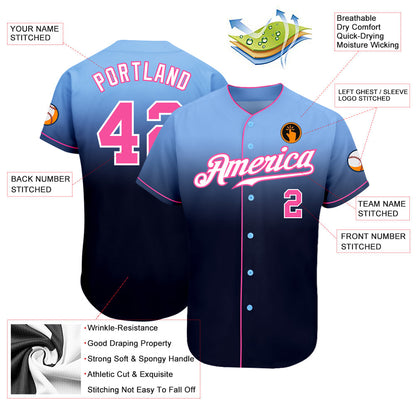 Custom Light Blue Pink-Navy Authentic Fade Fashion Baseball Jersey - Sky-Custom