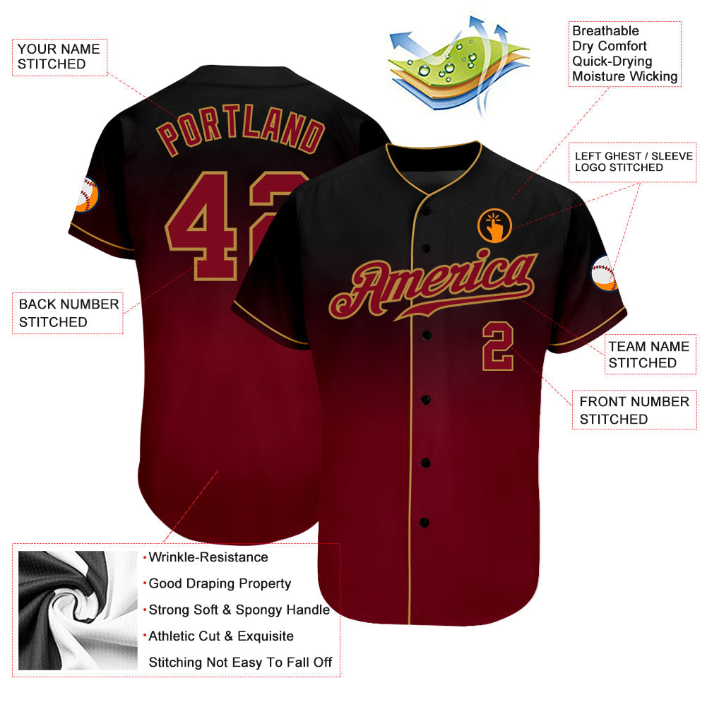 Custom Black Crimson-Old Gold Authentic Fade Fashion Baseball Jersey - Sky-Custom