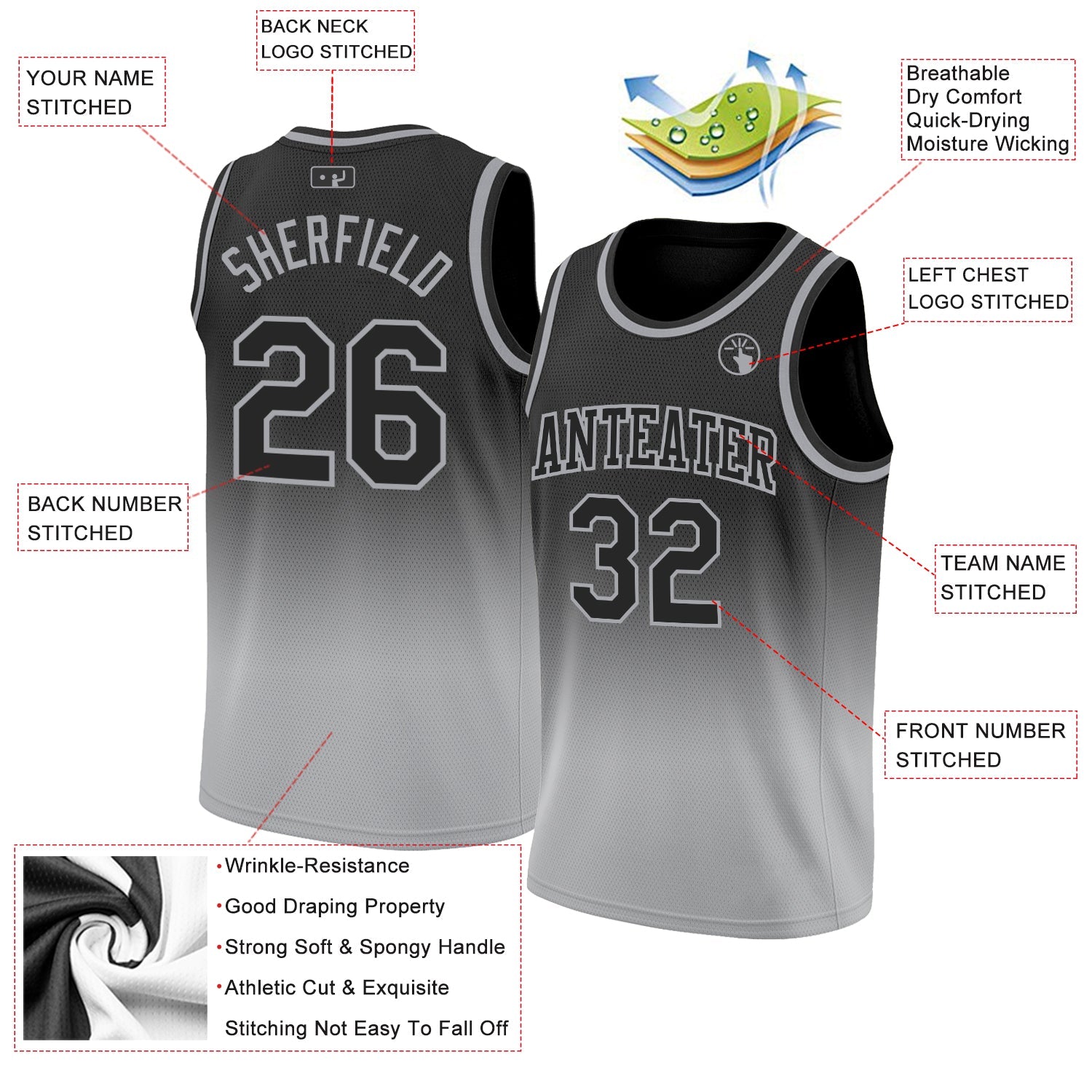 Custom Black Black-Gray Authentic Fade Fashion Basketball Jersey - Sky-Custom