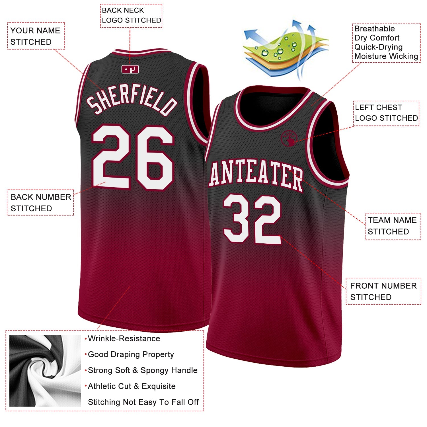Custom Black White-Maroon Authentic Fade Fashion Basketball Jersey - Sky-Custom