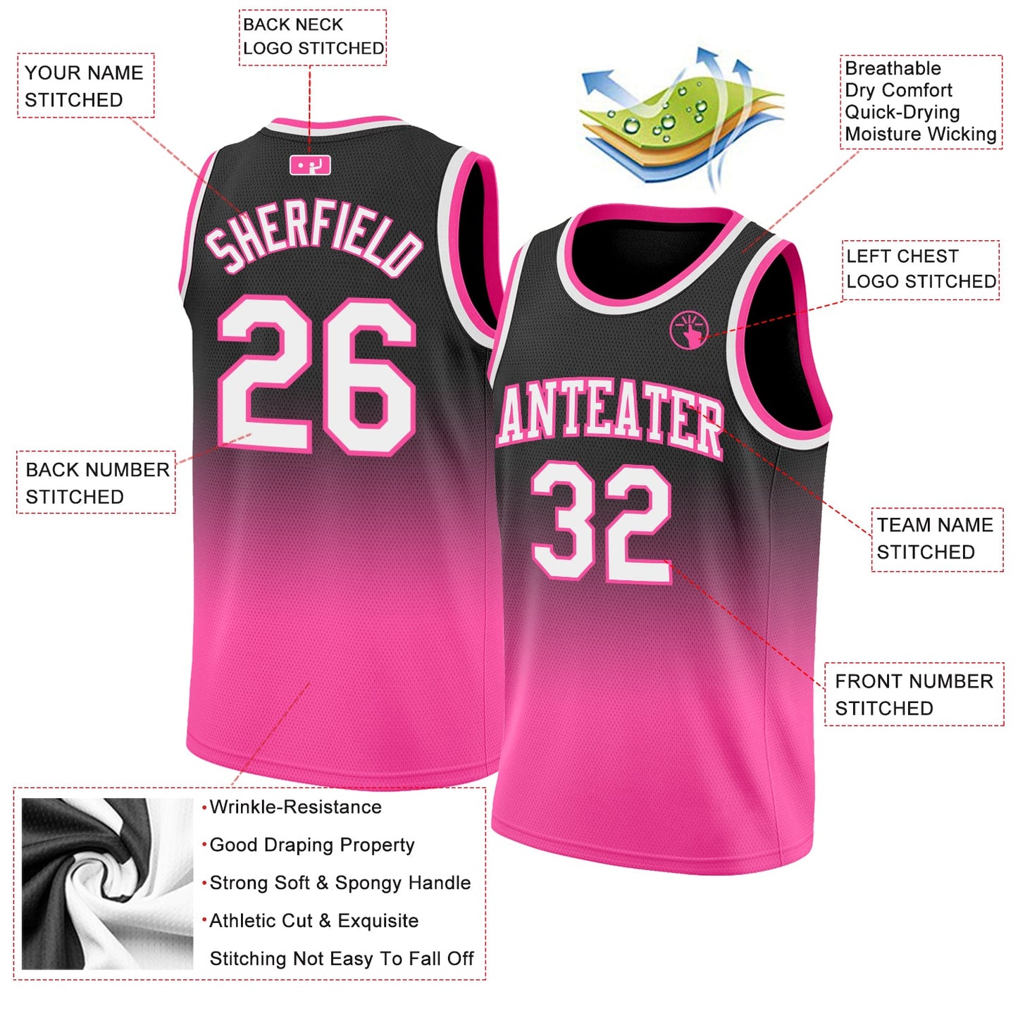 Custom Black White-Pink Authentic Fade Fashion Basketball Jersey - Sky-Custom