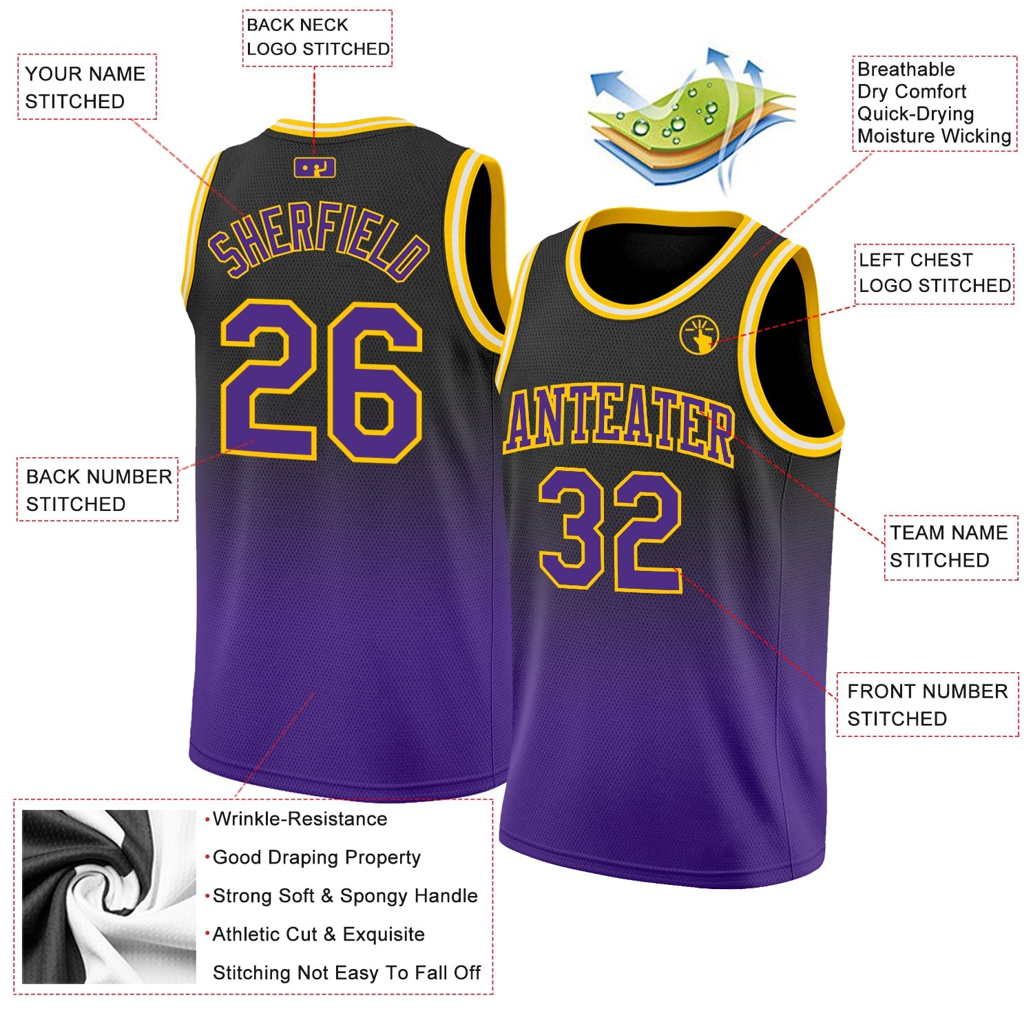 Custom Black Purple-Gold Authentic Fade Fashion Basketball Jersey - Sky-Custom