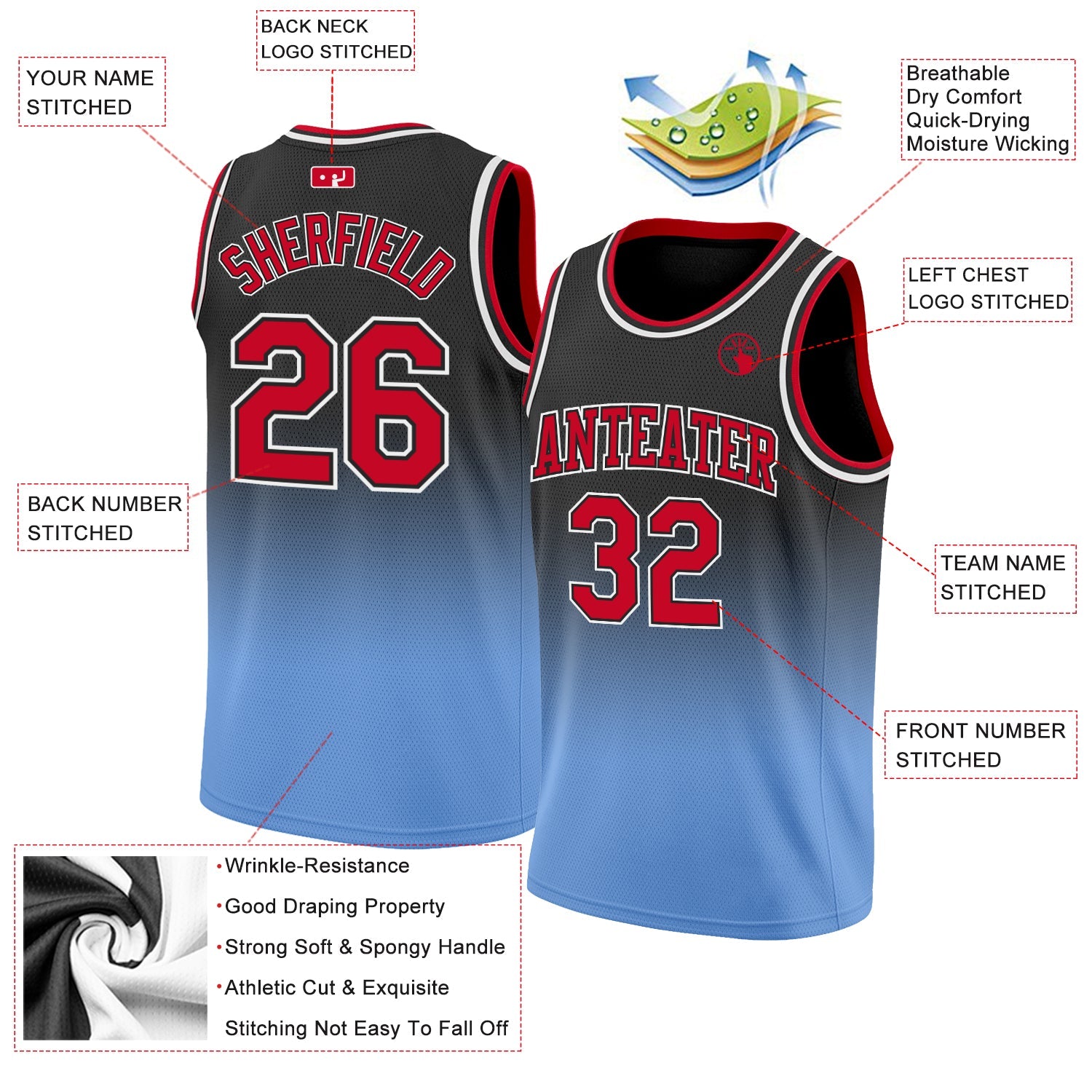Custom Black Red-Light Blue Authentic Fade Fashion Basketball Jersey - Sky-Custom