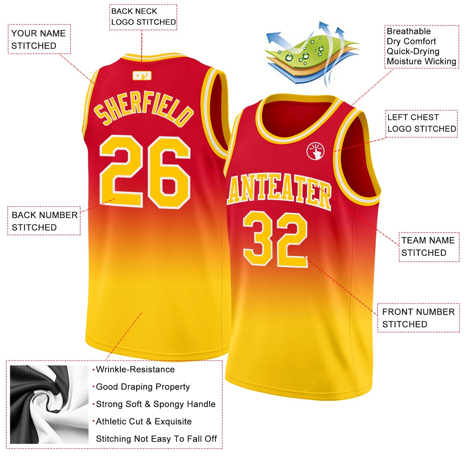 Custom Red Gold-White Authentic Fade Fashion Basketball Jersey - Sky-Custom