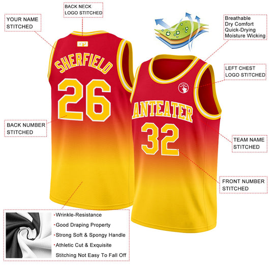 Custom Red Gold-White Authentic Fade Fashion Basketball Jersey - Sky-Custom