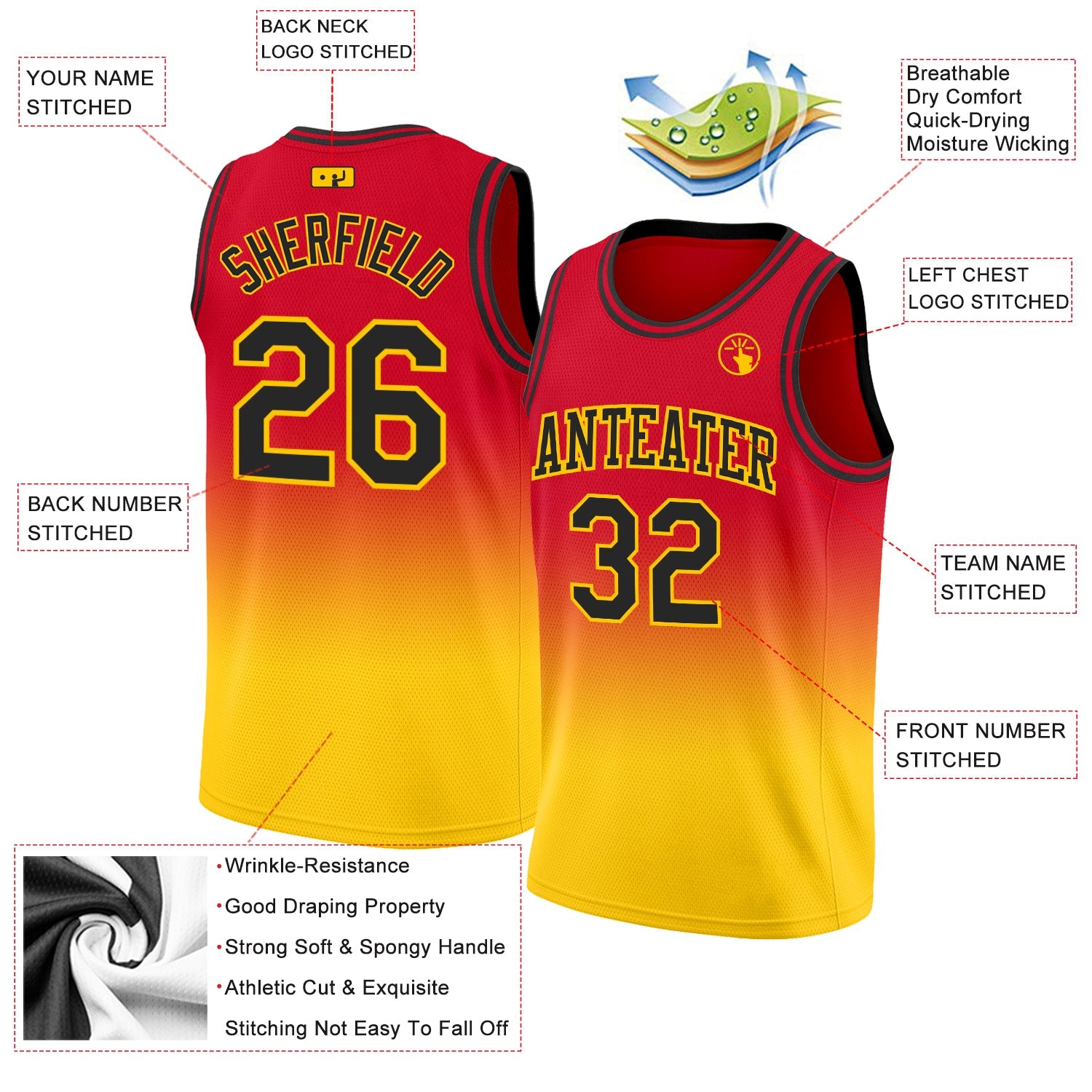 Custom Red Black-Gold Authentic Fade Fashion Basketball Jersey - Sky-Custom