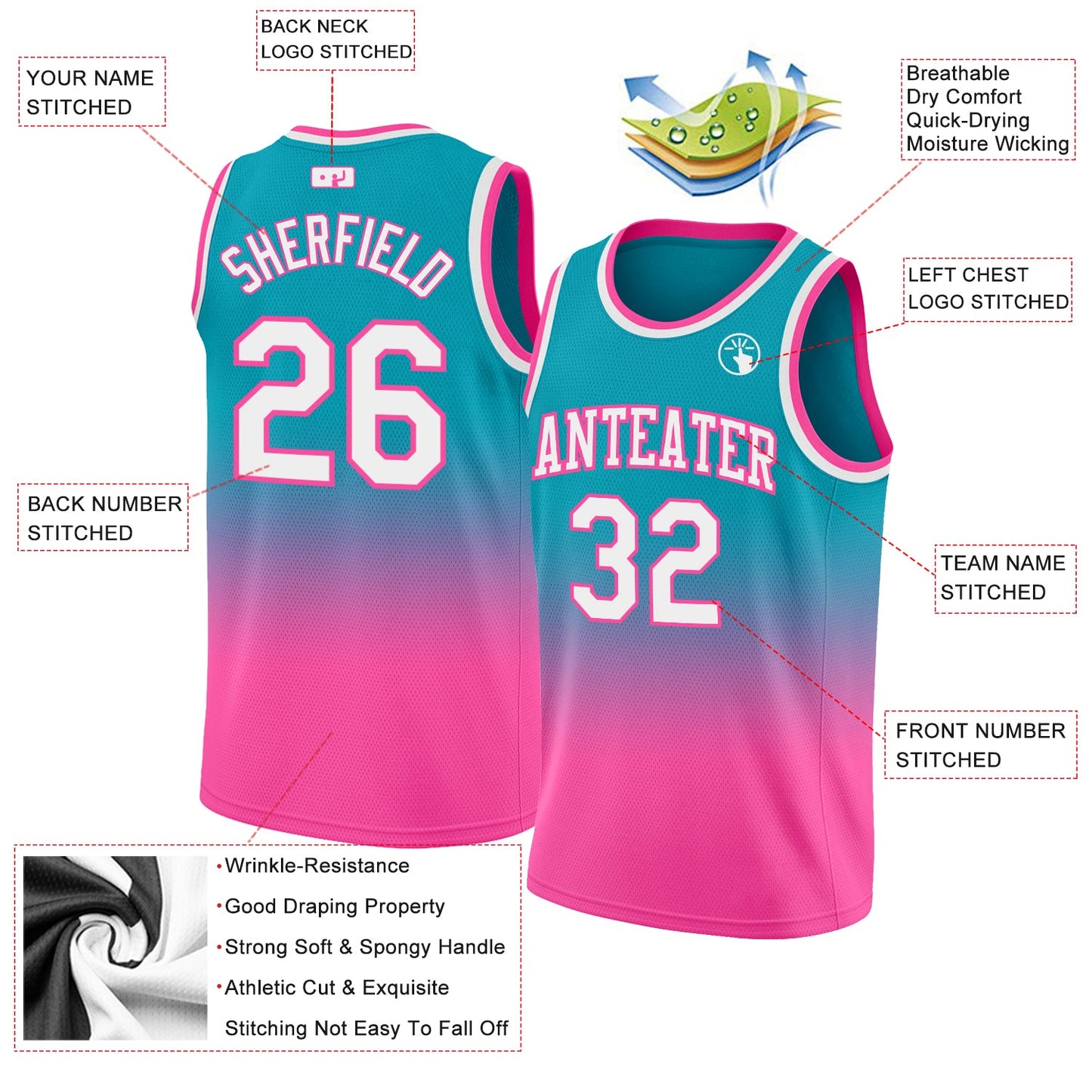 Custom Teal White-Pink Authentic Fade Fashion Basketball Jersey - Sky-Custom