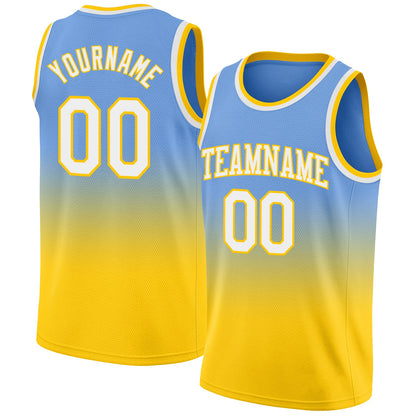 Custom Light Blue White-Gold Authentic Fade Fashion Basketball Jersey - Sky-Custom