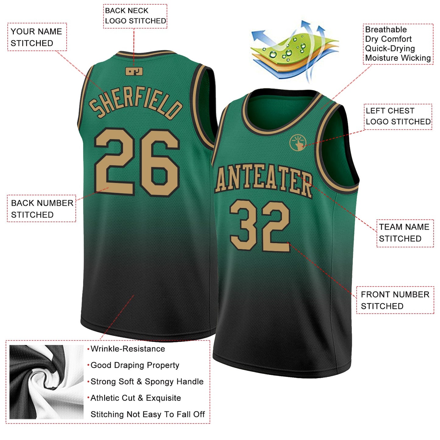Custom Kelly Green Old Gold-Black Authentic Fade Fashion Basketball Jersey - Sky-Custom