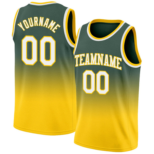 Custom Hunter Green White-Gold Authentic Fade Fashion Basketball Jersey - Sky-Custom