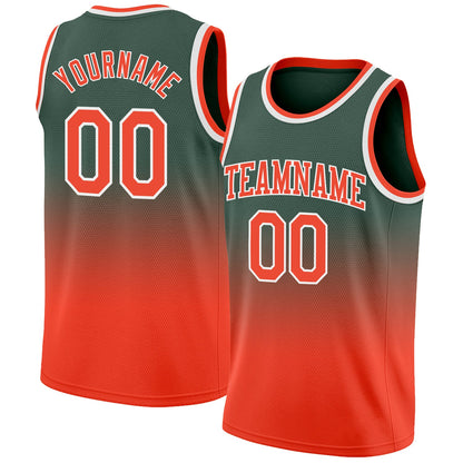 Custom Hunter Green Orange-White Authentic Fade Fashion Basketball Jersey - Sky-Custom