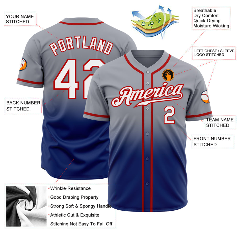 Custom Gray White Royal-Red Authentic Fade Fashion Baseball Jersey - Sky-Custom