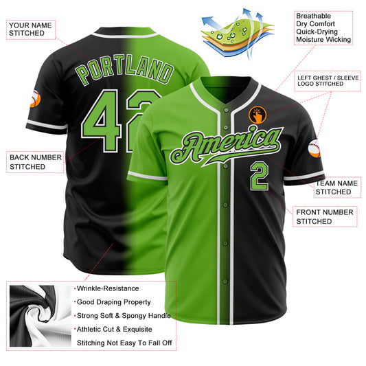 Custom Black Neon Green-White Authentic Gradient Fashion Baseball Jersey - Sky-Custom