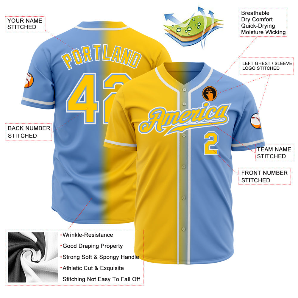 Custom Light Blue Yellow-White Authentic Gradient Fashion Baseball Jersey - Sky-Custom