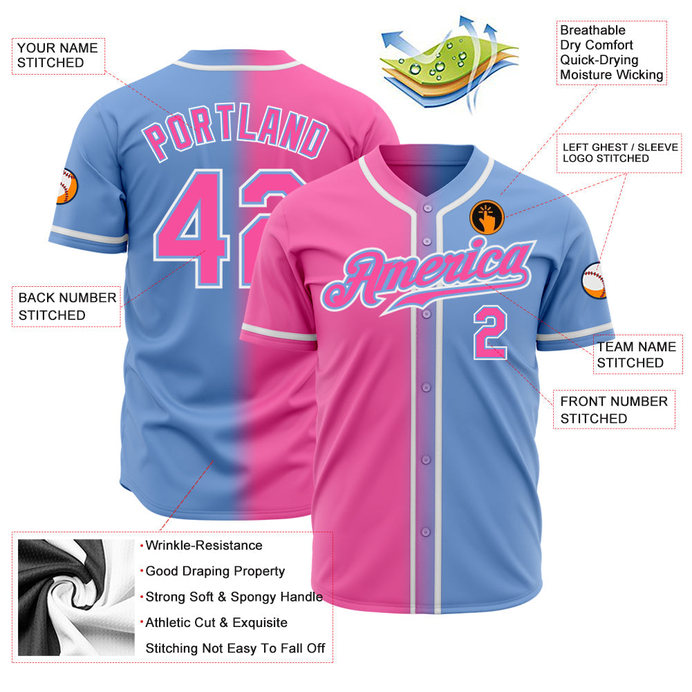 Custom Light Blue Pink-White Authentic Gradient Fashion Baseball Jersey - Sky-Custom
