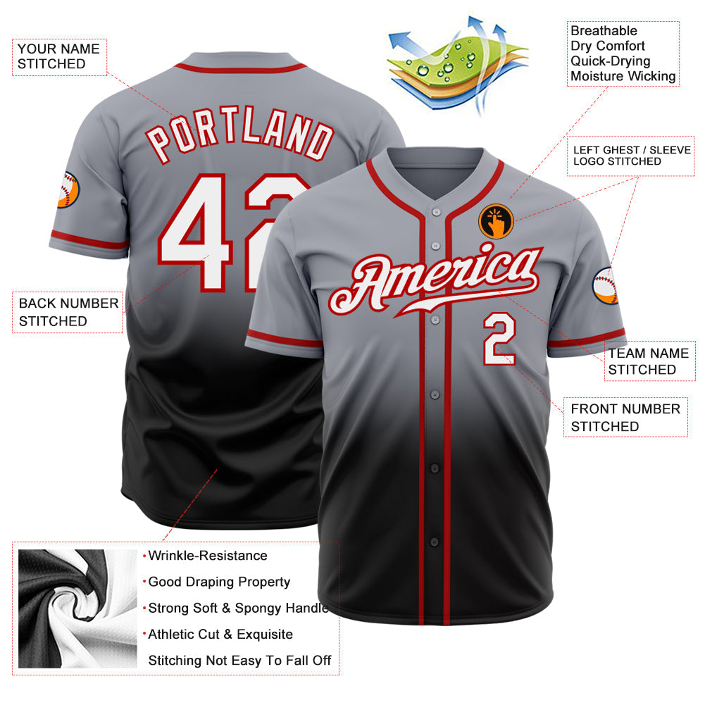 Custom Gray White Black-Red Authentic Fade Fashion Baseball Jersey - Sky-Custom